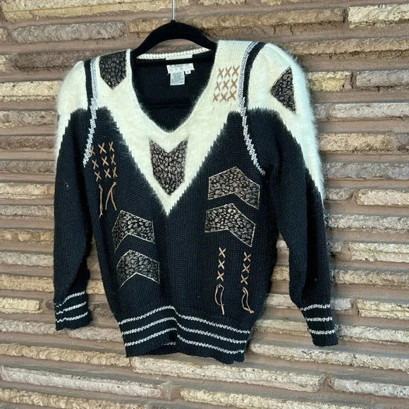 Christine Vintage 80s Angora V Neck Sweater Cross Ties - Picture 8 of 9